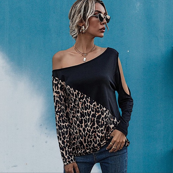 Asymmetric Leopard Color Block Long Sleeve Top - Picture 5 of 6